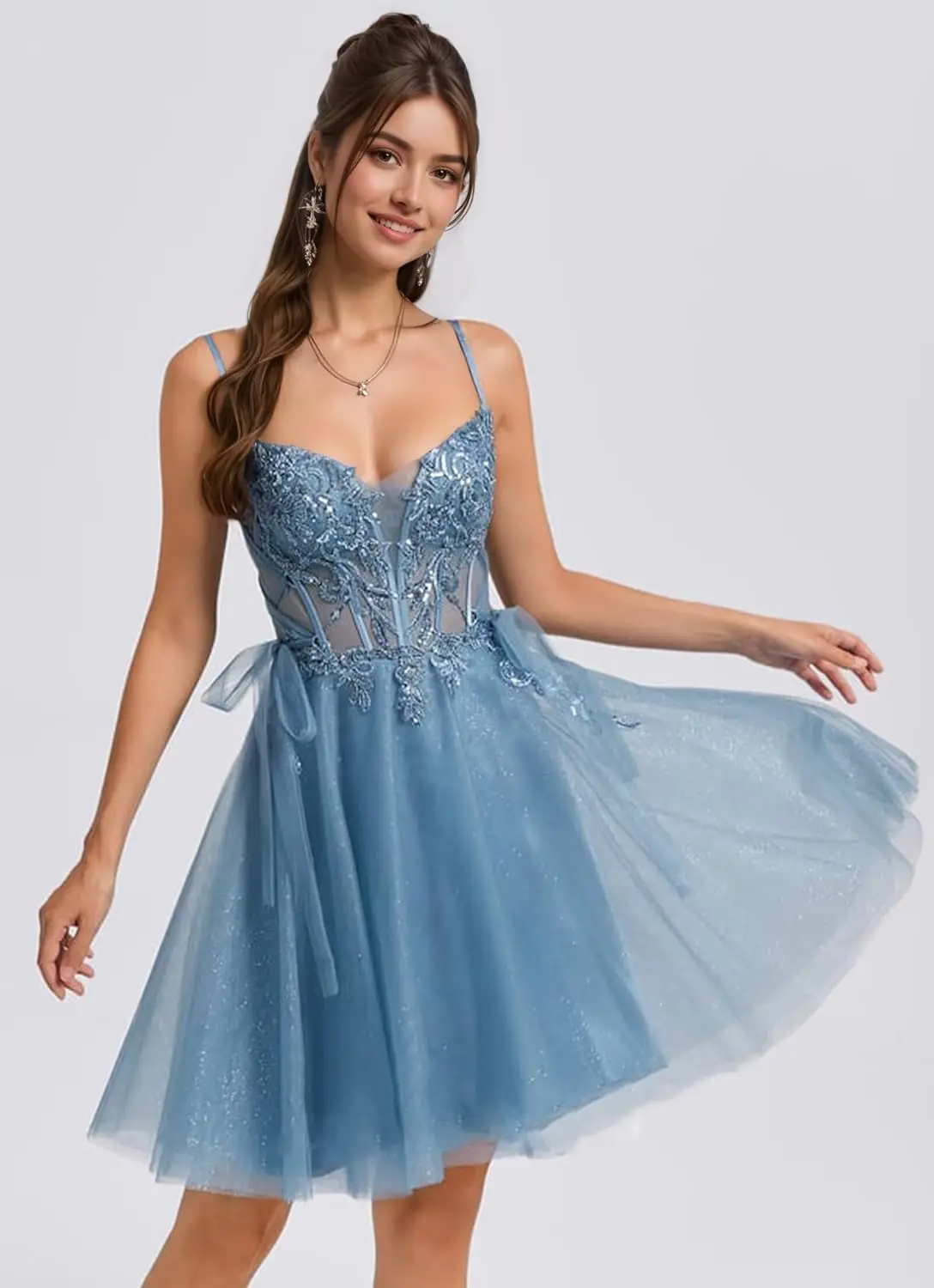 Robes de soirée à paillettes, avec des Appliques en dentelle, robes de bal courtes pour femmes, bretelles Spaghetti, robe de Cocktail en Tulle