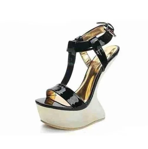 T-strap Fretwork Heels Sandals For Woman Platform Wedge Sexy Open Toe Gold Leather Strange Shoes Ankle Strap High Heels Sandals