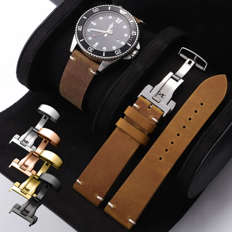 18/19/20/21/22/24mm Stitching Cowhide Strap for Omega for Wrist Bracelet for Seiko Vintage Leather Watch Band Butterfly Buckle