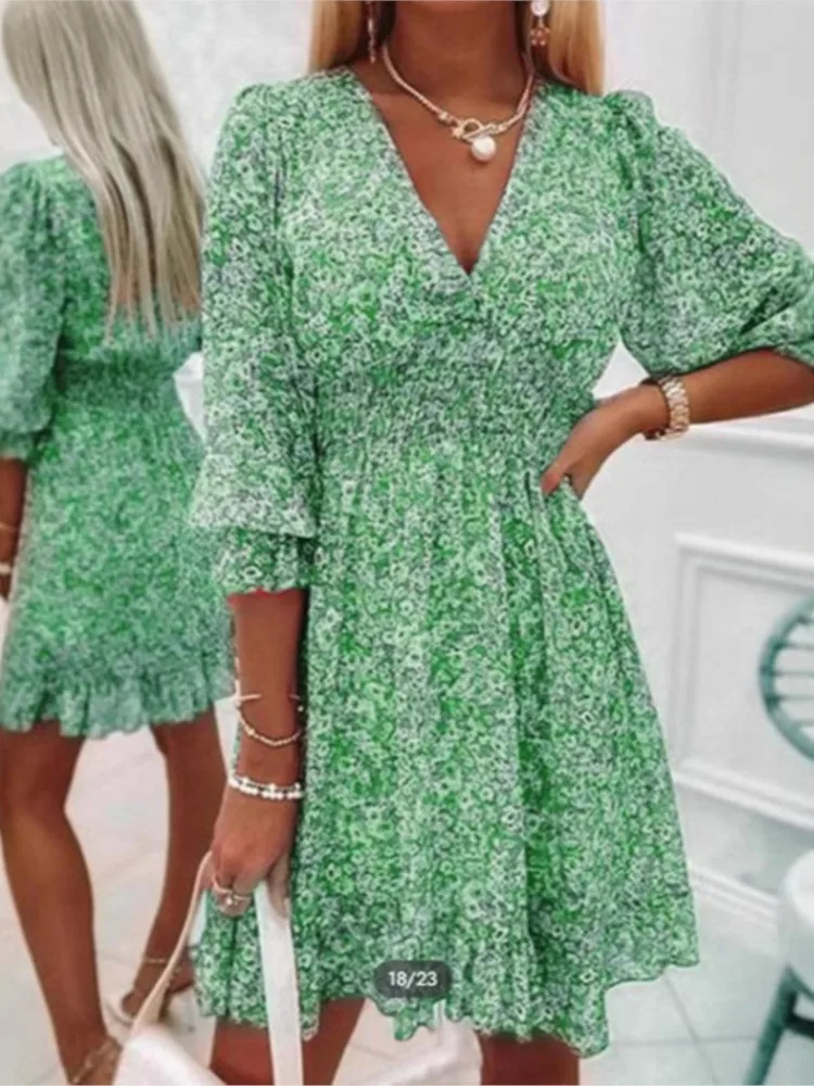 

Women's Summer New Midi Skirt Waist Pullover Print Floral Short-sleeved Women's Dress Fashionable Casual V-neck Mini Dress