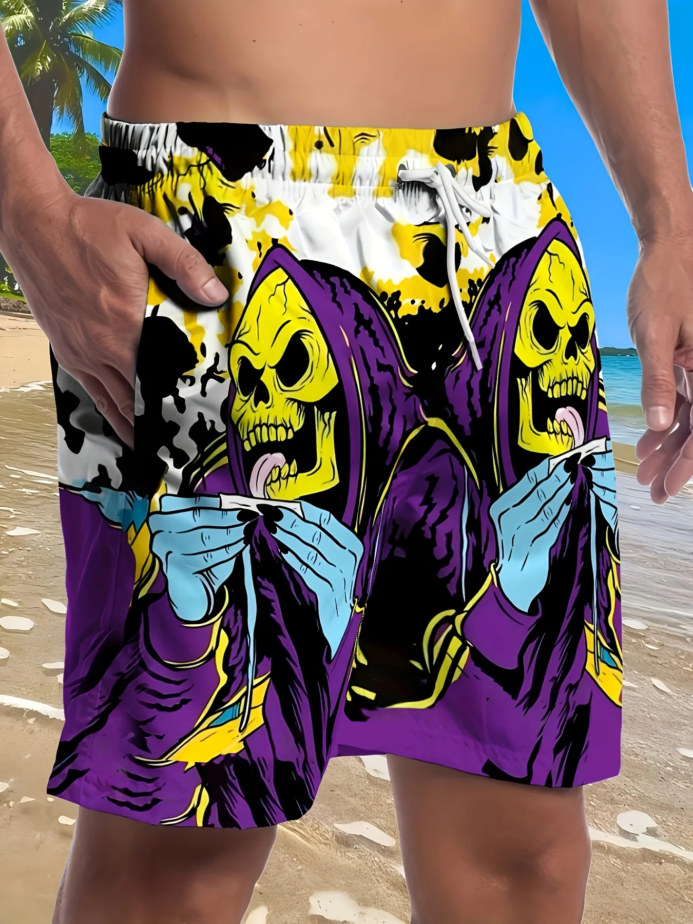 

25/26 новейшие летние шорты, модные уличные модные мужские шорты с 3D принтом черепа в стиле Харадзюку, панк, повседневные брюки для отдыха и отдыха, пляжные брюки