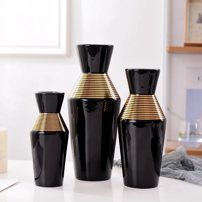 

Minimalist modern and luxurious style, gold white black ceramic vase three piece set for home decoration, handicraft decoration