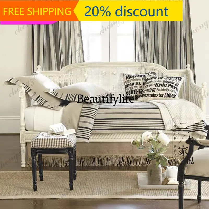 J132 French retro solid wood rattan sofa leisure chair living room reception three-person sofa