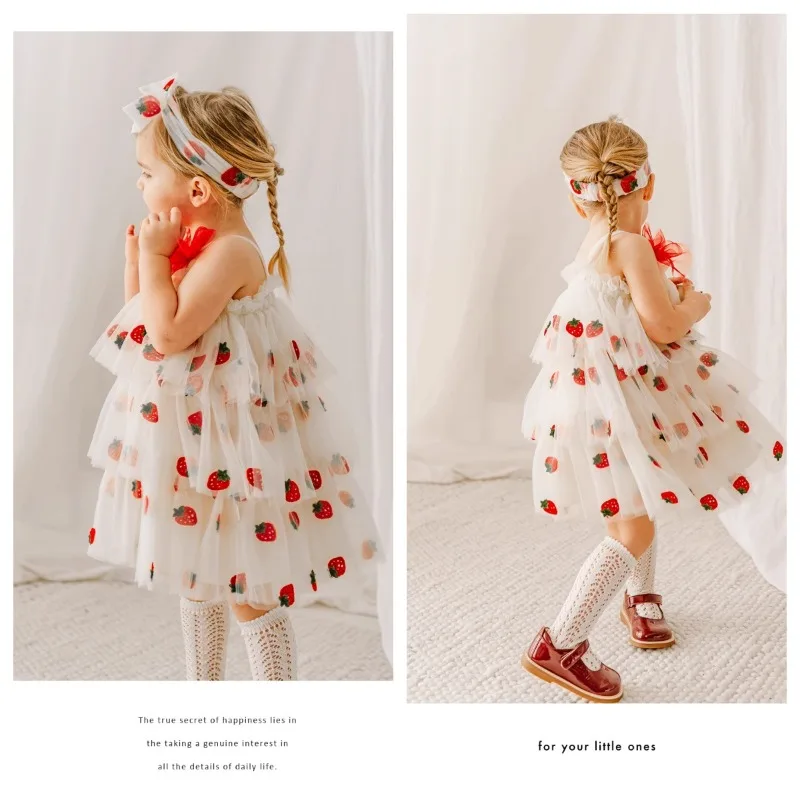 

New Girls Strawberry Pattern Cake Dress Baby Bow Princess Mesh Fluffy Dress Children's Suspender Holiday Dress No Headband