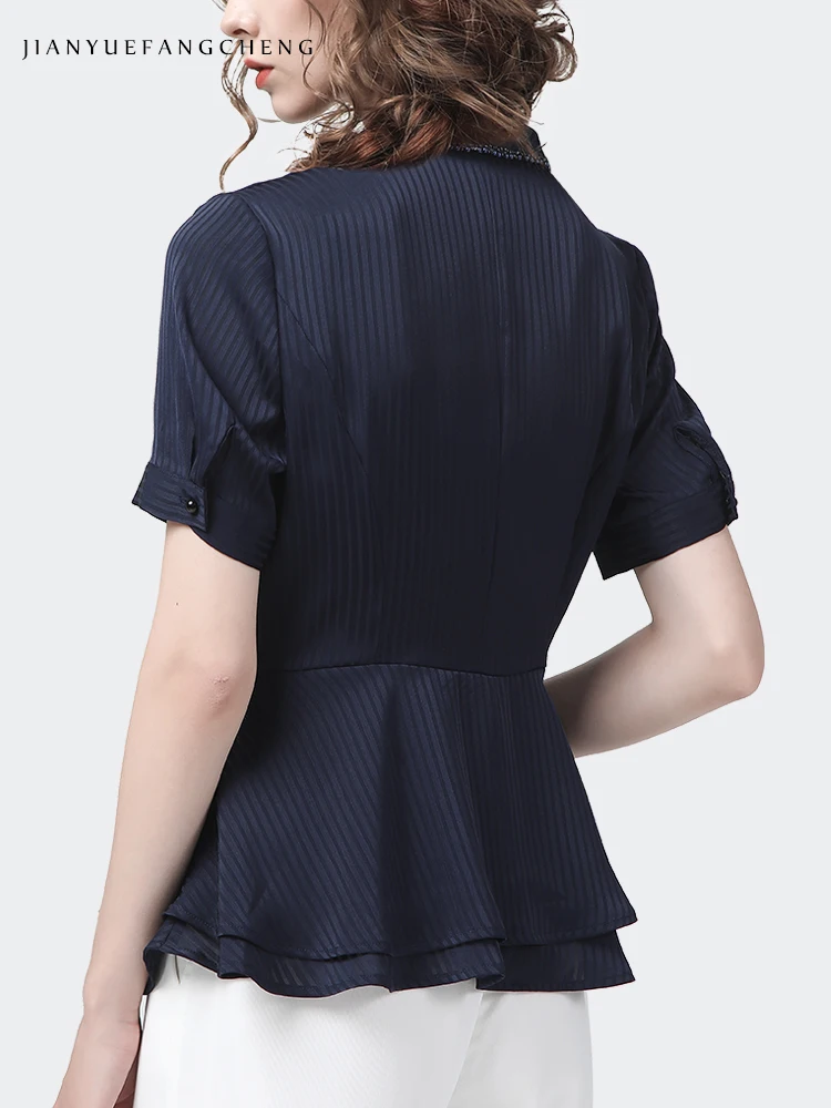 Fashion Women Spring Summer Short Sleeve Blue Stripes Shirt Beading Trims Slim Fit V-Neck Satin Top Streewear Casual Blouses