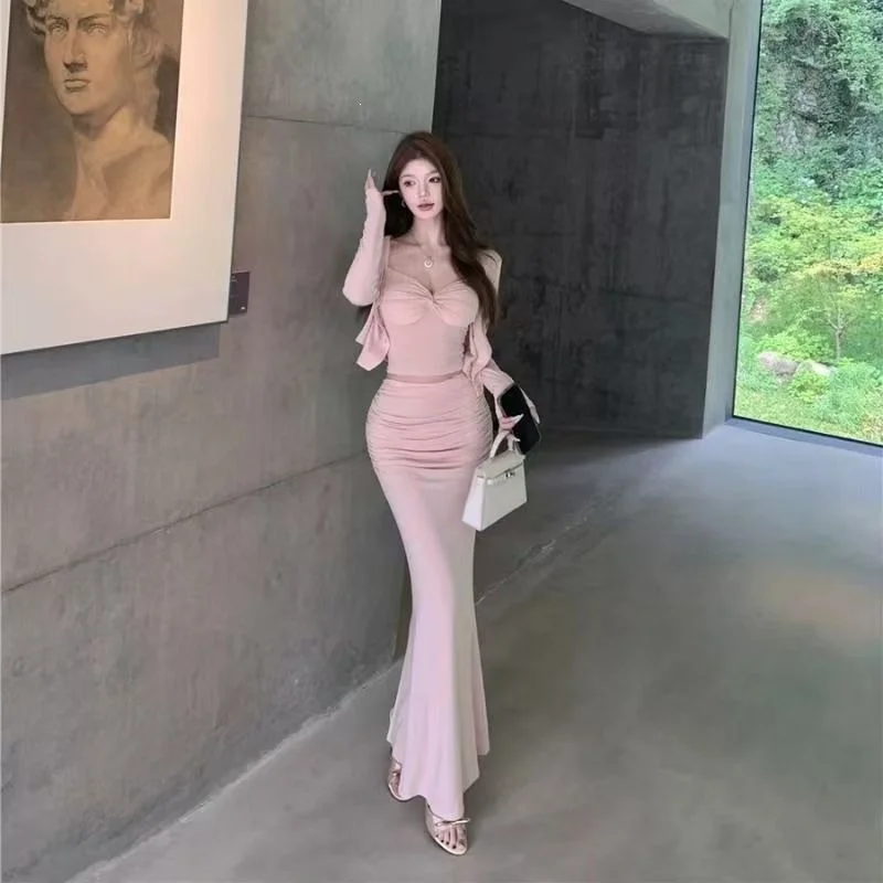 Fashionable Three-Piece Set Women's Summer Autumn Knitted Cardigan Strap Fish Tail  Skirt Ensemble Elegant Vintage Style