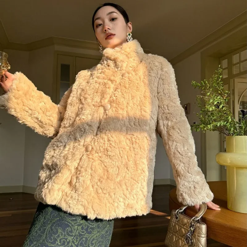Women Luxury Stand Collar Faux Fur Coat Oblique Placket Warm Elegant Outerwear For Autumn Winter