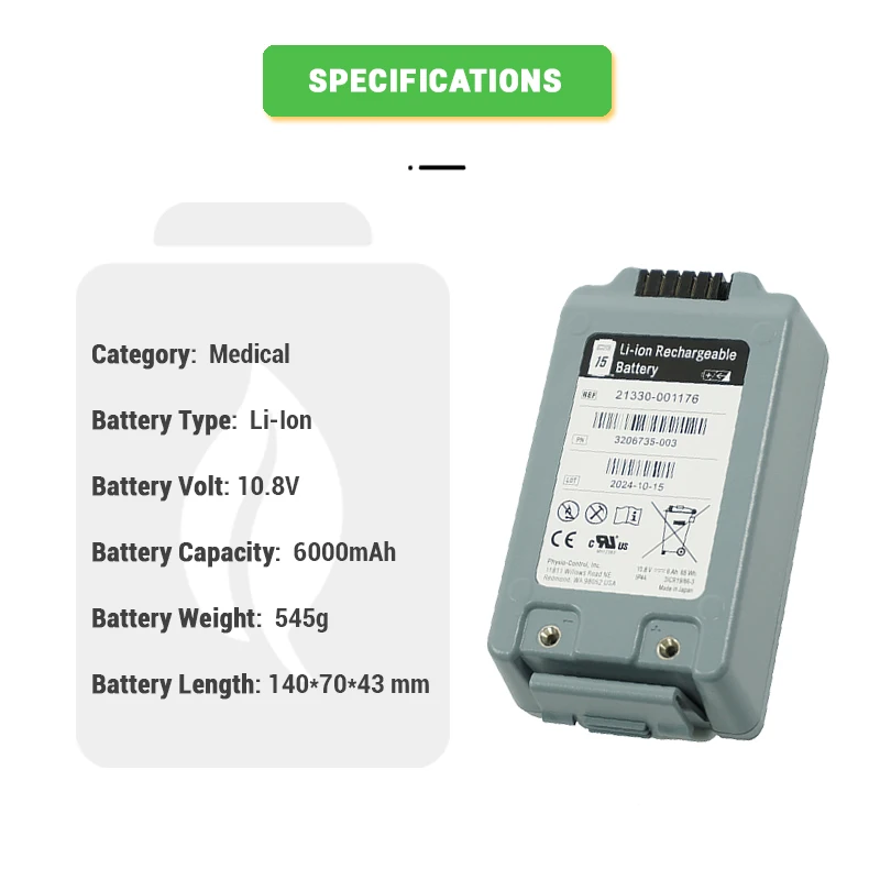 Li-ion 10.8V 6000mAh Replacement 21330-001176 3ICR19/66-3 Battery for Phy sio-Control L ife pak 15 Monitor De fibril lator