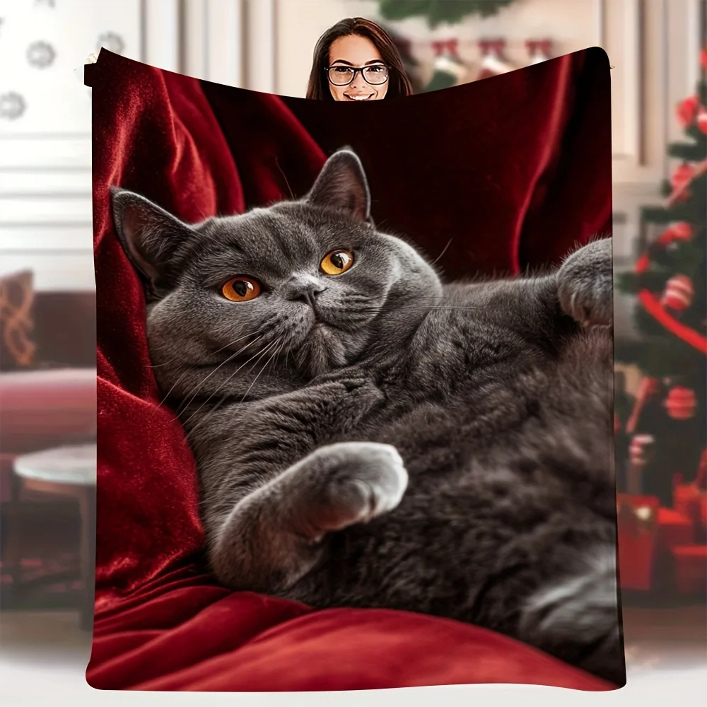 Adorable British Shorthair Cat Realistic Animal Art Print Flannel Blanket Warm Throw For Lounge Bedroom Holiday Warm Gift