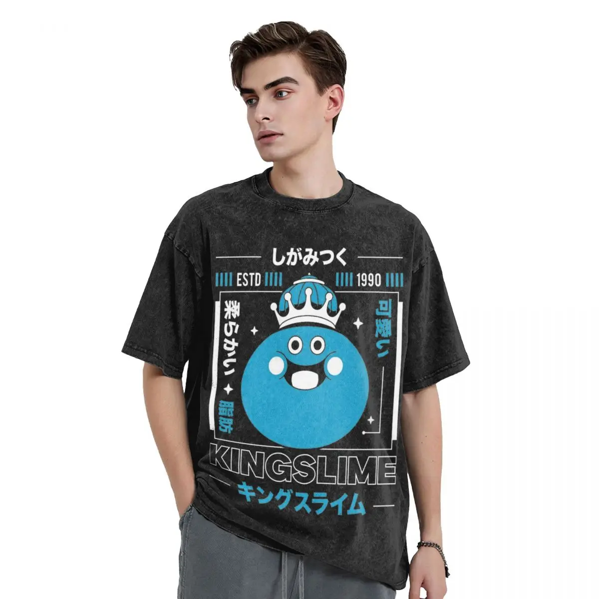 Washed T Shirts King Slime Dragon Quest Hip Hop Novelty T-Shirt Oversize Streetwear 100% Cotton Printed Tops Tees for Men Women