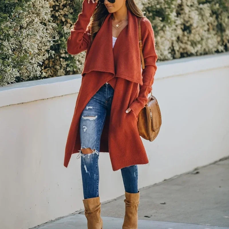Women Knitwear Turn-Down Collar Winter Coats 2024 Bohemian Long Sweater Cardigan Female Holiday Oversized Patchwork Cardigans