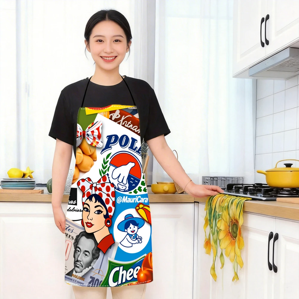 1pc Fashion Apron Colorful Vintage Food Brand Print Kitchen Cooking Baking Barbecue Party Wearable Apron For Home Use Outdoor