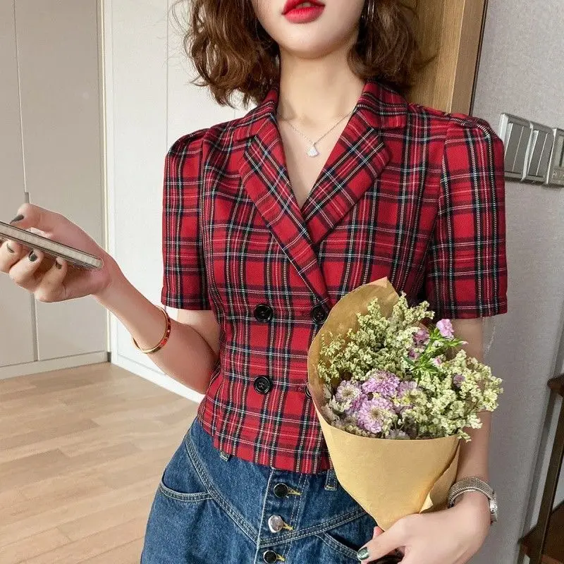 Blouse Women's Summer Vintage Check Cropped Fitted Waist Chiffon Shirt Comfortable Minimalist Casual Niche Versatile Distinctive