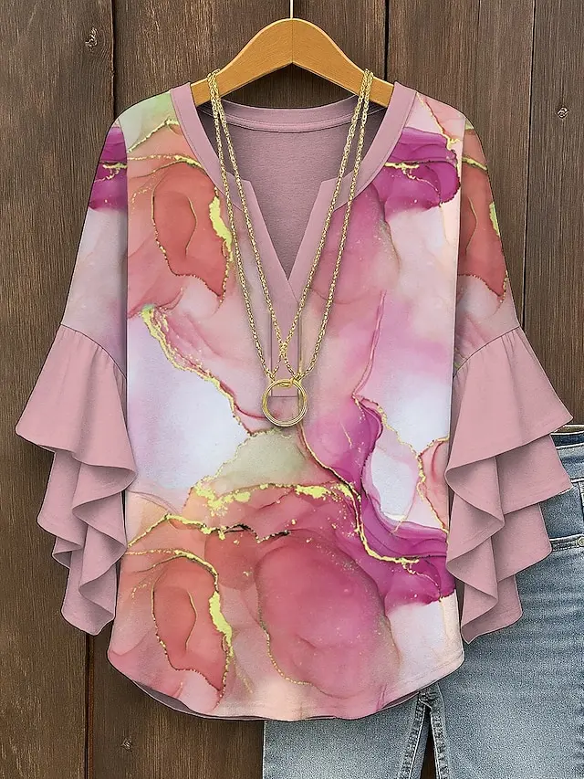 Women's Casual Ruffle Sleeve Floral Print Blouse Loose Fit Lightweight Elegant Shirt Female Daily Wear Tops