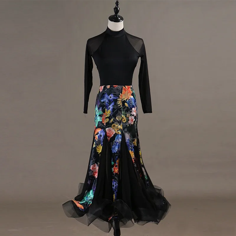 Abito da ballo moderno con collo alto personalizzato, uniforme da esame artistico a maniche lunghe, gonna altalena grande, abito da ballo da sala, standard latino