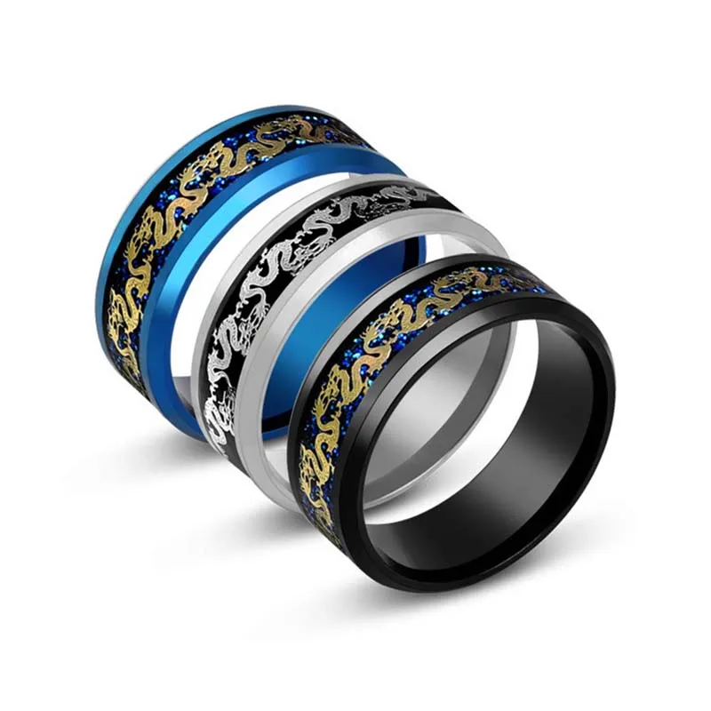 2025 Fashion Men\'s Stainless Steel Celtic Dragon Ring Inlay Red Blue Carbon Fiber Rings for Women Wedding Band Jewelry 8MM