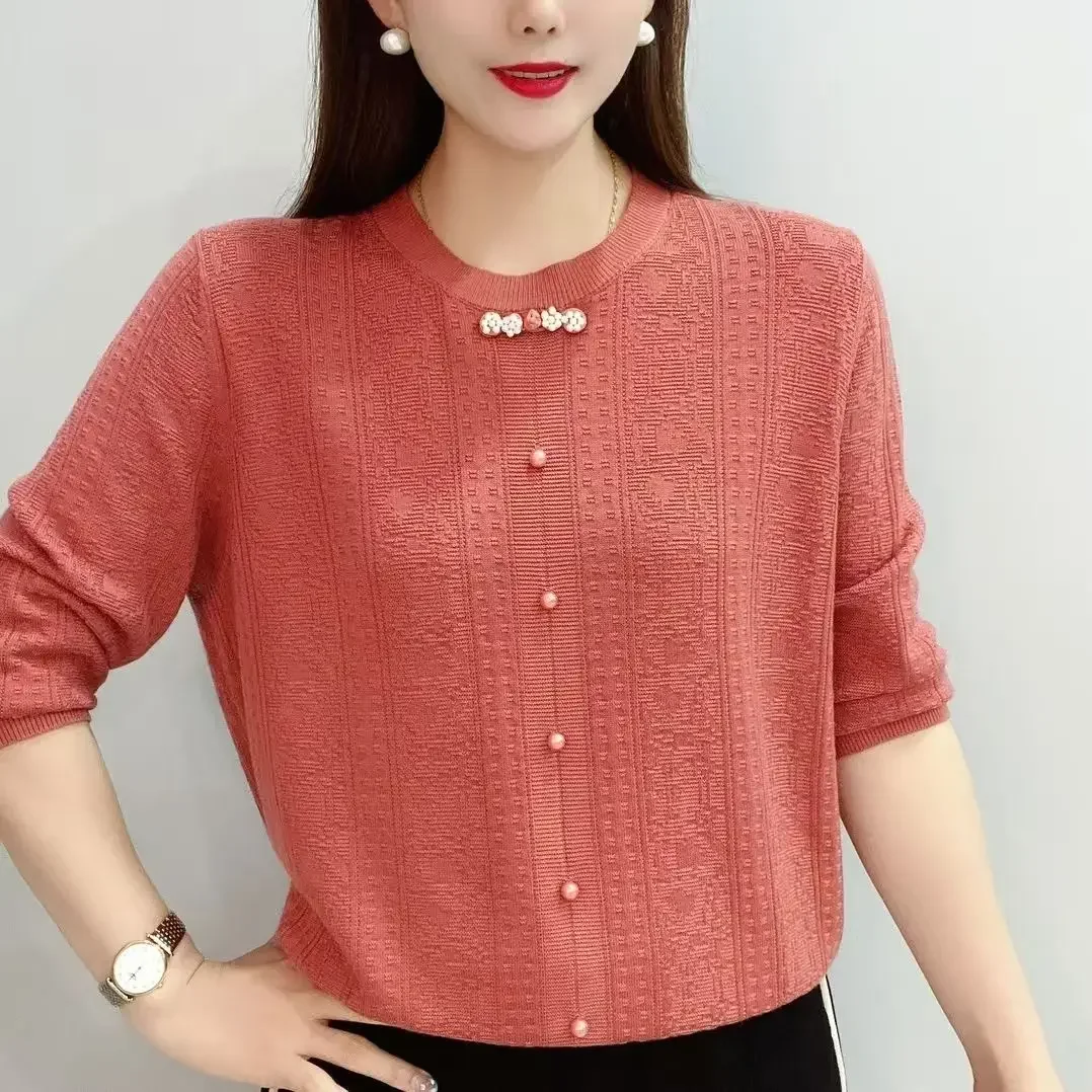 

Autumn Retro Floral Knitted Sweater to Reduce Age and Cover the Flesh Mother Breathable Top Chinese Style Solid Color Ice Silk