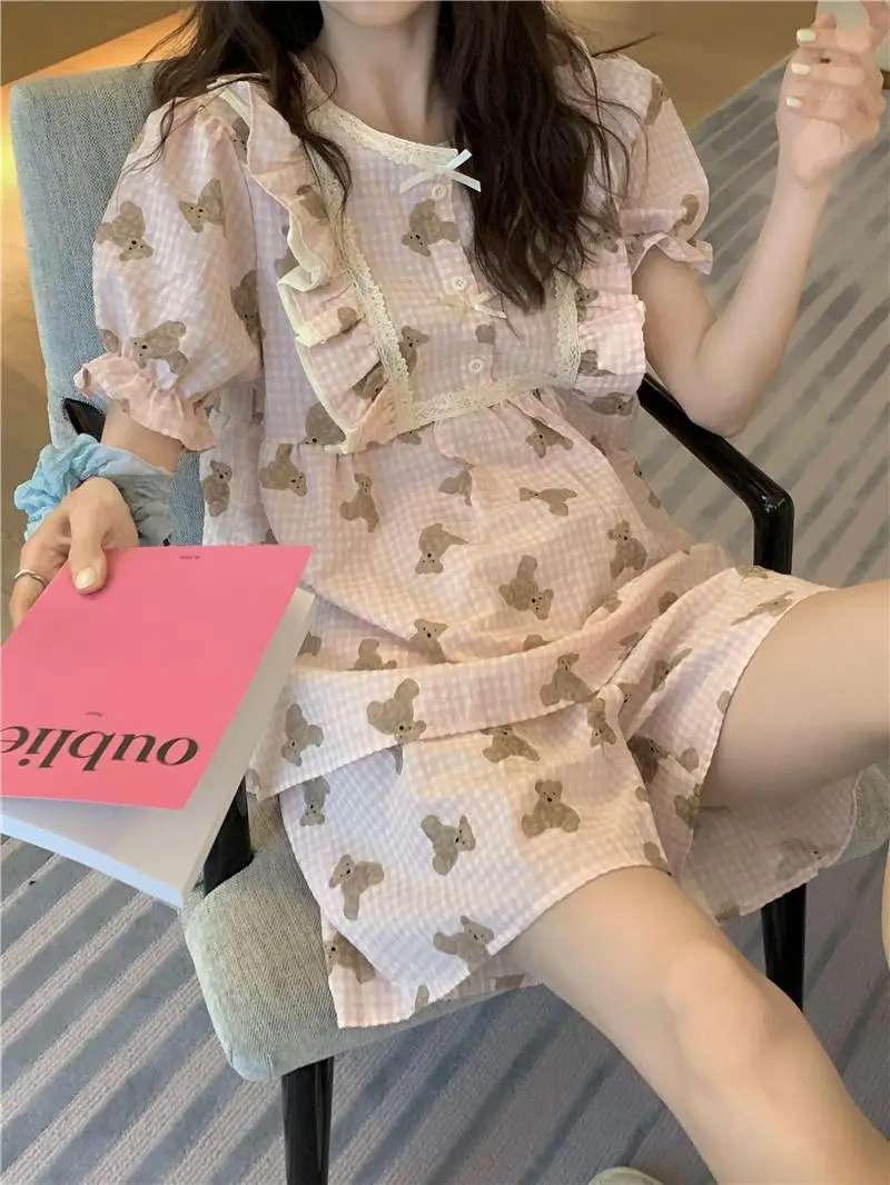 Ruffles Cartoon Bear Summer Pajamas Set Women Kawaii Blue Plaid Sleepwear Cotton Two Piece Home Suit Bow Puff Sleeve Shirts