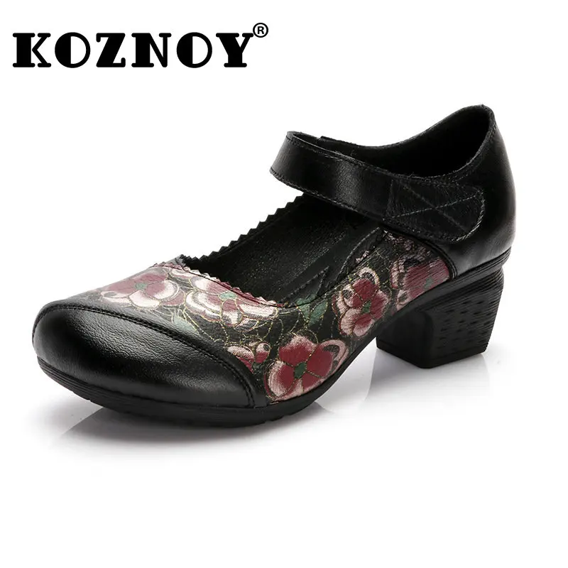 

Koznoy 4cm Natural Cow Genuine Leather Handemade Spring Summer Females Print Block Heel Moccasins Pumps Hook Women's Shoes