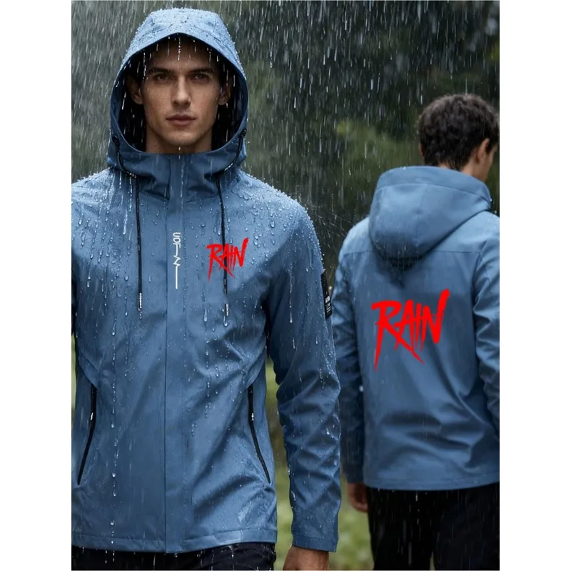 Men's Fashion High-Quality RAIN Logo Hooded Jacket with Inside and Outside Pockets, Heavyweight Zipper Windproof Jacket