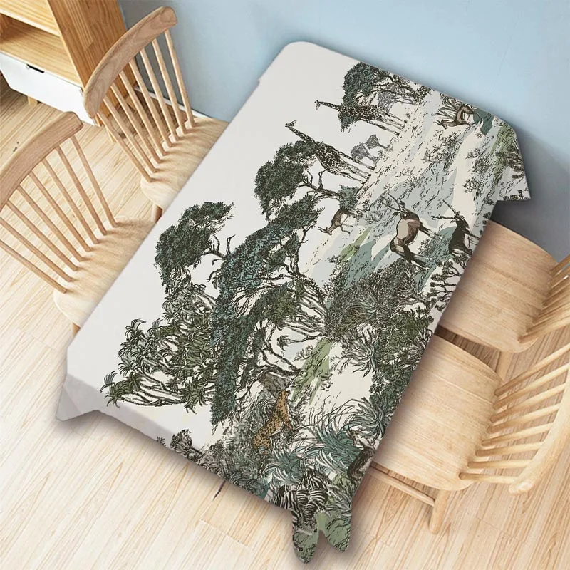 Toile de Jouy Jungle Animal Tiger African Giraffe Flower Tree Birds Navy Blue Water Resistant Cotton Linen Table Cloth Tapestry