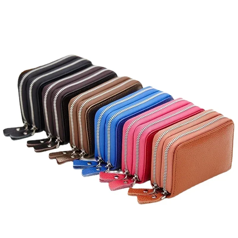 Genuine Leather Business Card Holder Wallet for Men women Double Zipper Pocket Wallet for Women Cow Leather Coin Purse Card Bags