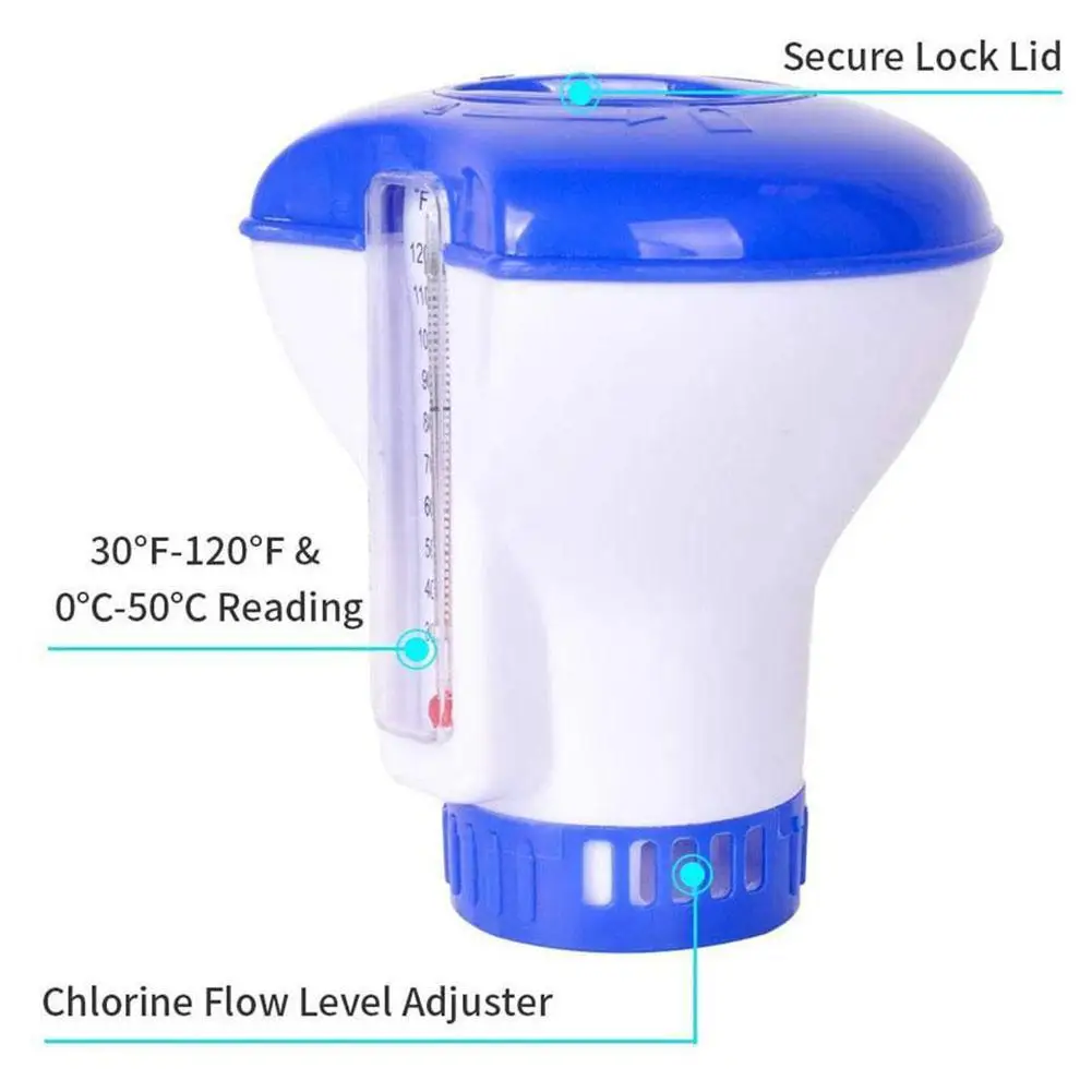 เครื่องจ่ายคลอรีนอัตโนมัติสำหรับสระว่ายน้ำ เครื่องป้อนแบบลอยพร้อมเทอร์โมมิเตอร์ เครื่องจ่ายเม็ดเคมีสำหรับเครื่องมือบำรุงรักษาสระว่ายน้ำ