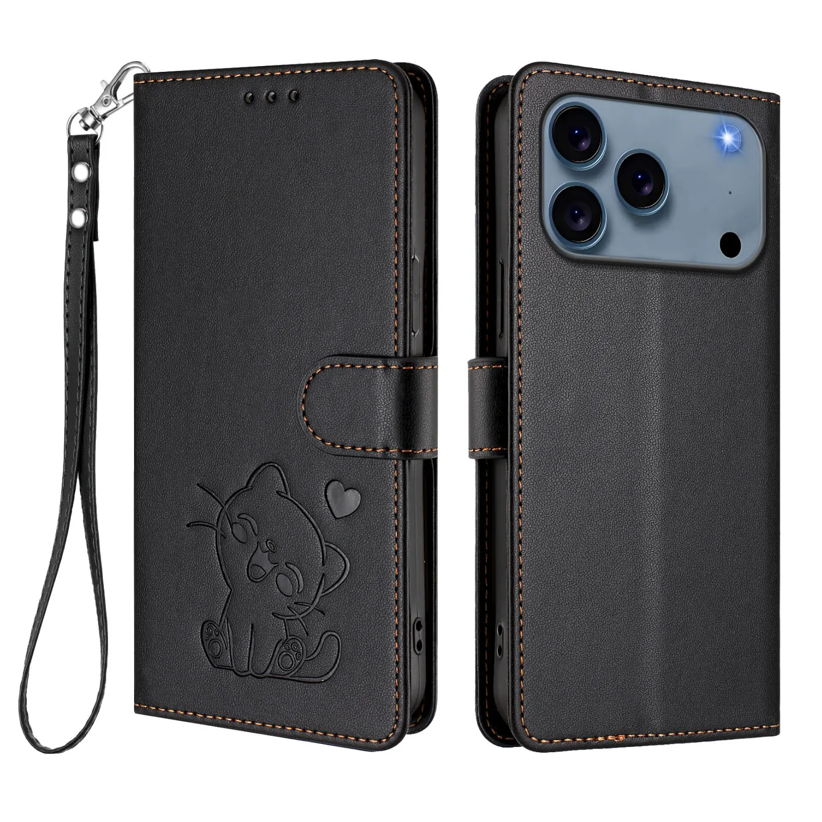 

Для iPhone 17 Pro Max Чехол-кошелек с ремешком на запястье Love Cat Pattern Imprint Кожаный чехол для телефона - черный