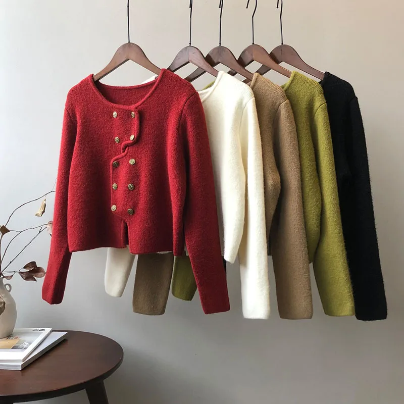 Kardigan rajut elegan Prancis, mantel Sweater kancing dua baris, desain sederhana tekstur kelas atas musim gugur dan dingin