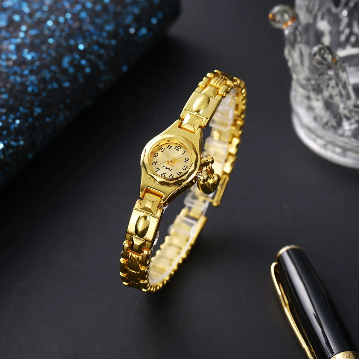 

Women's Wristwatch Gold Bracelet Small Dial Elegant Watch with Heart Pendant Female Ladies Stainless Steel Wrist Watch for Women
