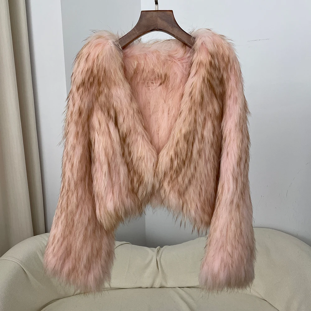 

New Thickened Warm Short European Natural Raccoon Fur Jacket V-neck Double-sided Woven Fur Coat Women's 2024 Autumn Winter