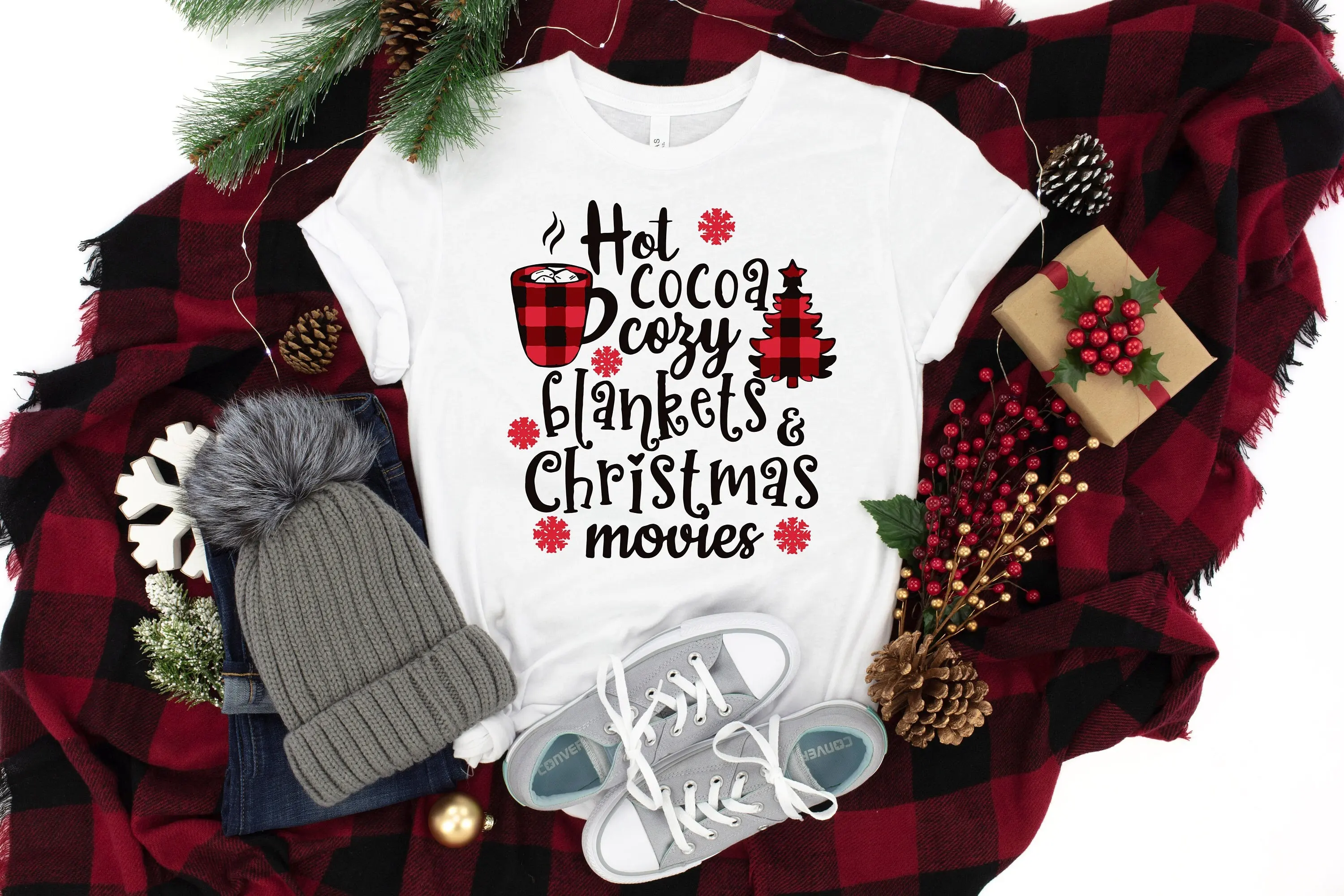 Hot Cocoa Cozy Blankets Christmas Movies T Shirt Buffalo Plaid Merry