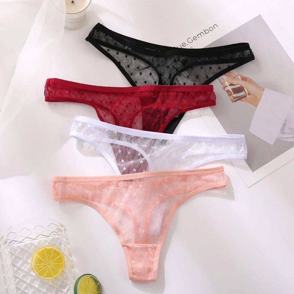 Womens Sexy Hollow Out Mesh Transparent Breathable Low Rise Panties Sheer Thong Underwear T-back Briefs Solid Female Briefs