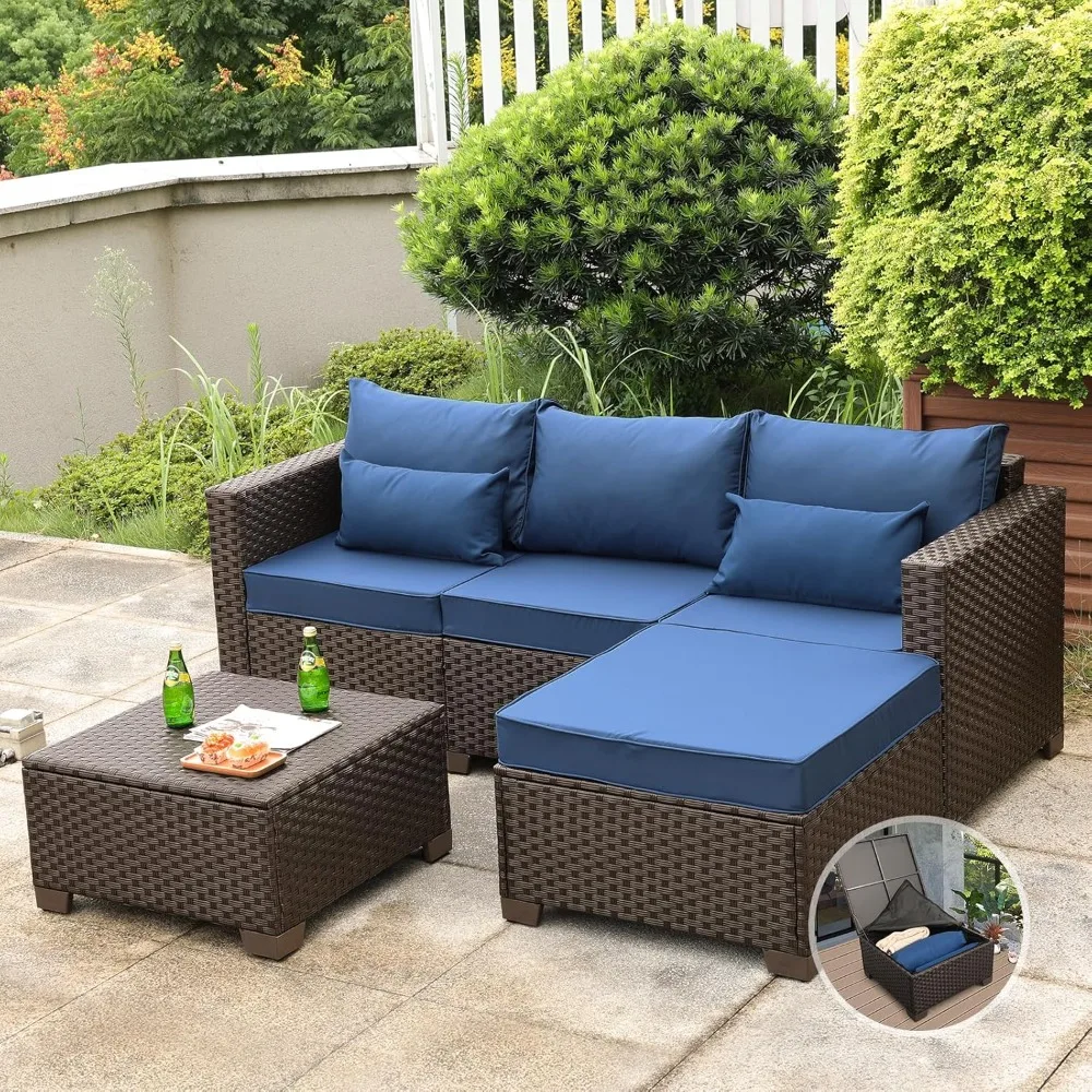 Wicker Patio Furniture Patio Couch 3 Pieces Patio Furniture Set Outdoor Sectional with Ottoman and Outdoor Storage Table