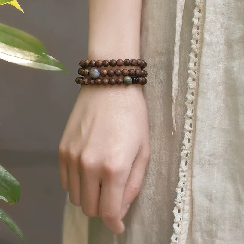 Small Fresh Golden Sandalwood Buddhist Bead Bracelets Retro Multi Wrap Bracelets with Agate Coconut Shell for Couples Gifts