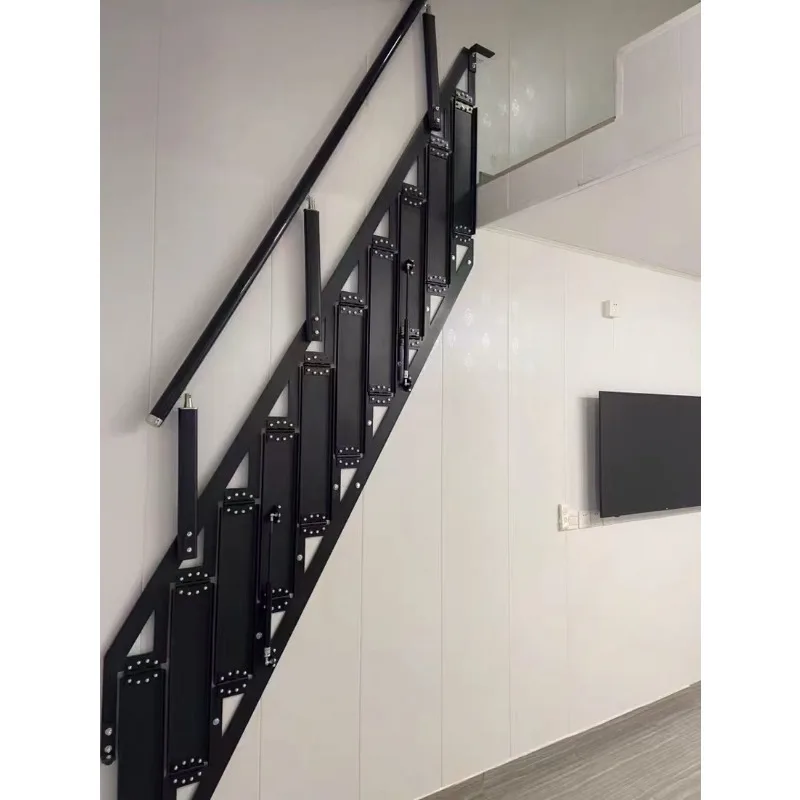 Modern Loft Duplex Indoor/Outdoor Retractable Glass Staircase with Wall-Mounted Glass Railing Second-Floor Home Side Ladder