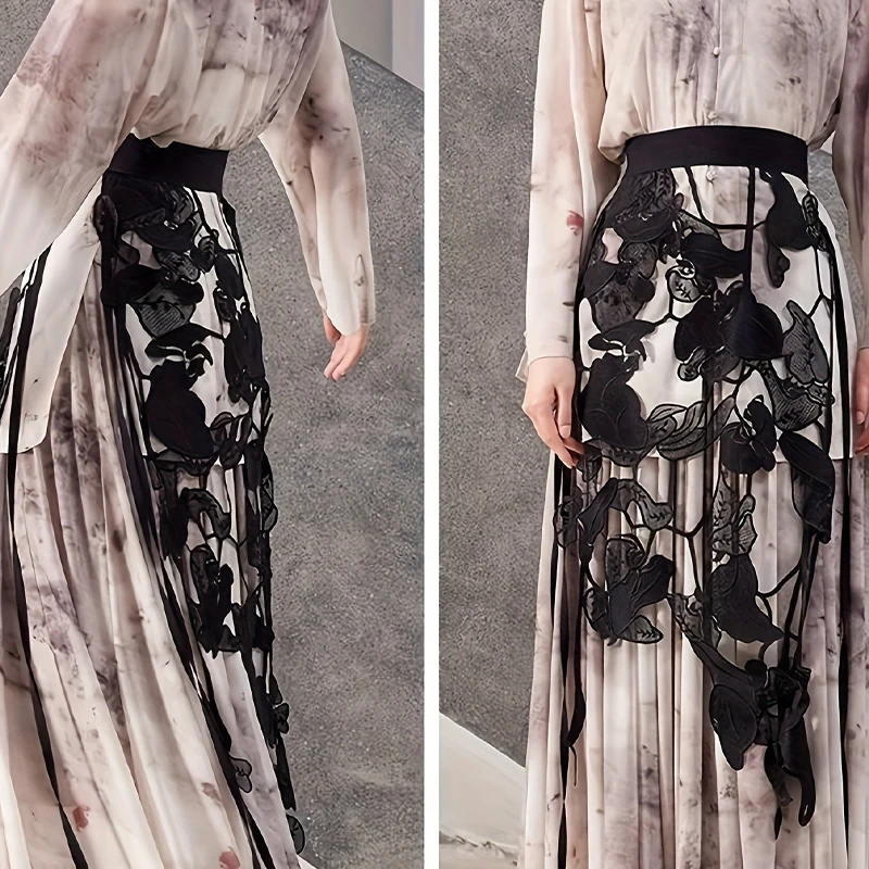 Embroidered Flower Lace Midi Skirt Women Irregular Side Slit Lace Skirt Y2K Streetwear See Through Fart Curtain Waist Ornament