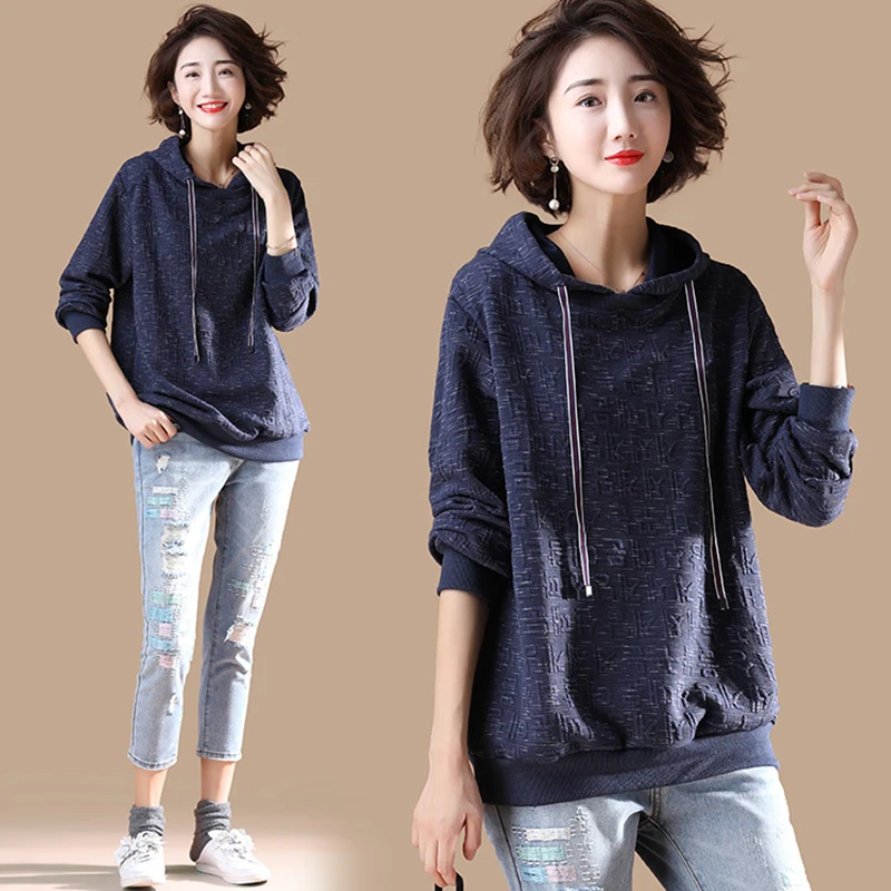 

Модный свитшот с цветочной вышивкой, большой размер, женский длинный све с капюшоном на шнурке, базовый топ средней длины, антивозрастной топ