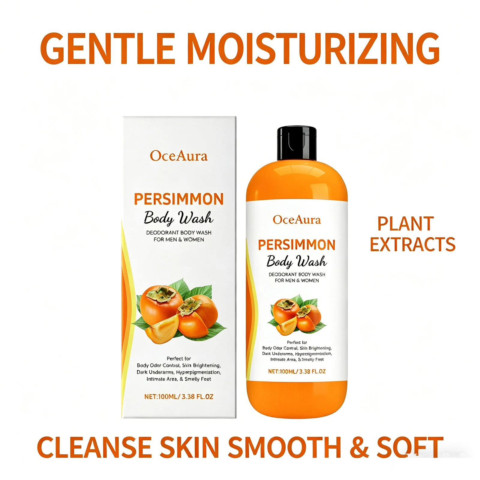 Gel de Ducha Exfoliante y Eliminador de Olores de Caqui de 100ml, Control de Grasa, Suavizante, Elimina la Suciedad y el Sudor, Limpiador Corporal de Larga Duración