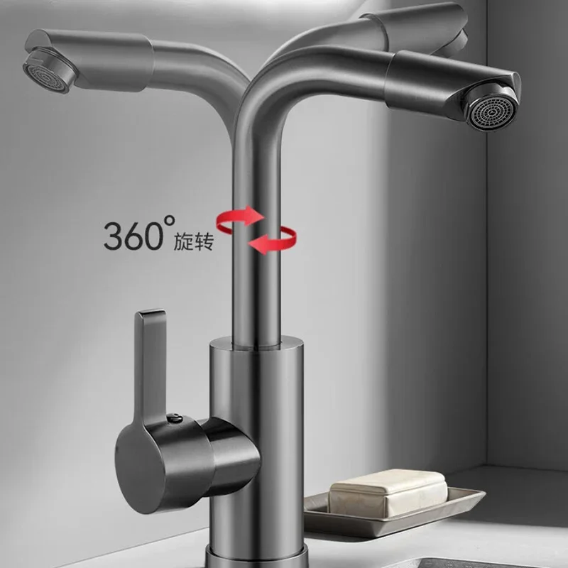 Solid Brass Bathroom Basin Faucet Gun Gray/Chrome Cold Hot Mixer Tap Single Handle 360° Rotate Sink Tap with 80cm Water Hoses