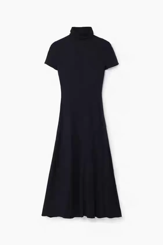 Foreign trade original single Spanish new splicing asymmetrical high neck mid-length dress