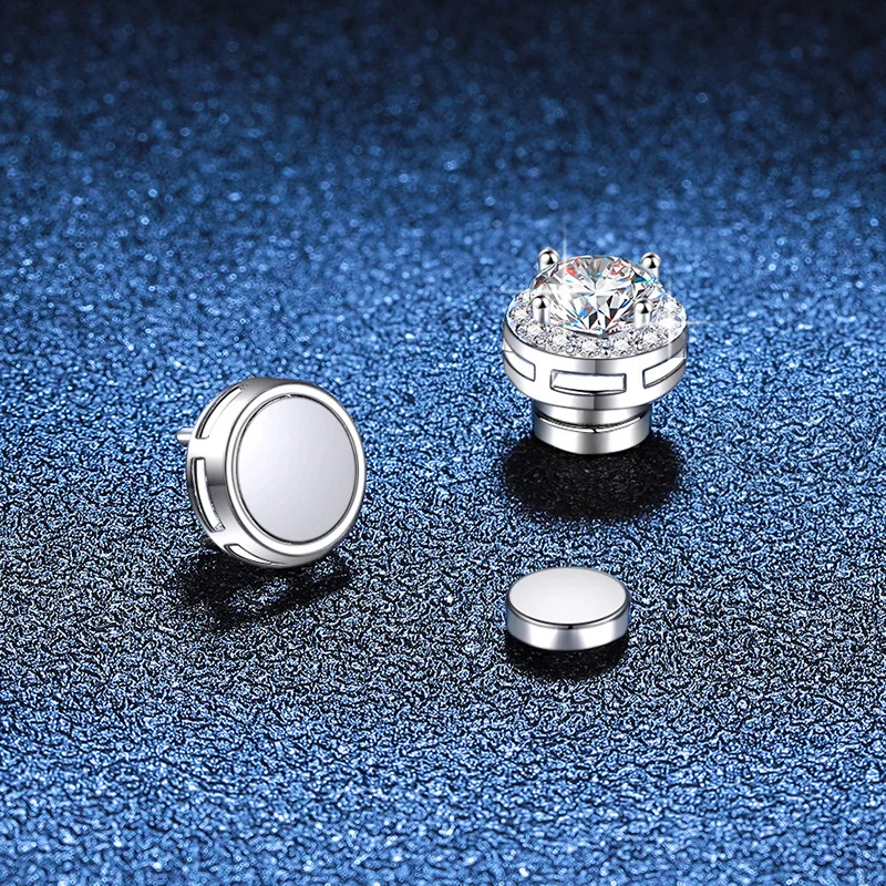 JOIAS HOME S925 Sterling Silver Earless Magnetic Earrings Round Moissanite for Men and Women Daily Party Simple Fine Jewelry