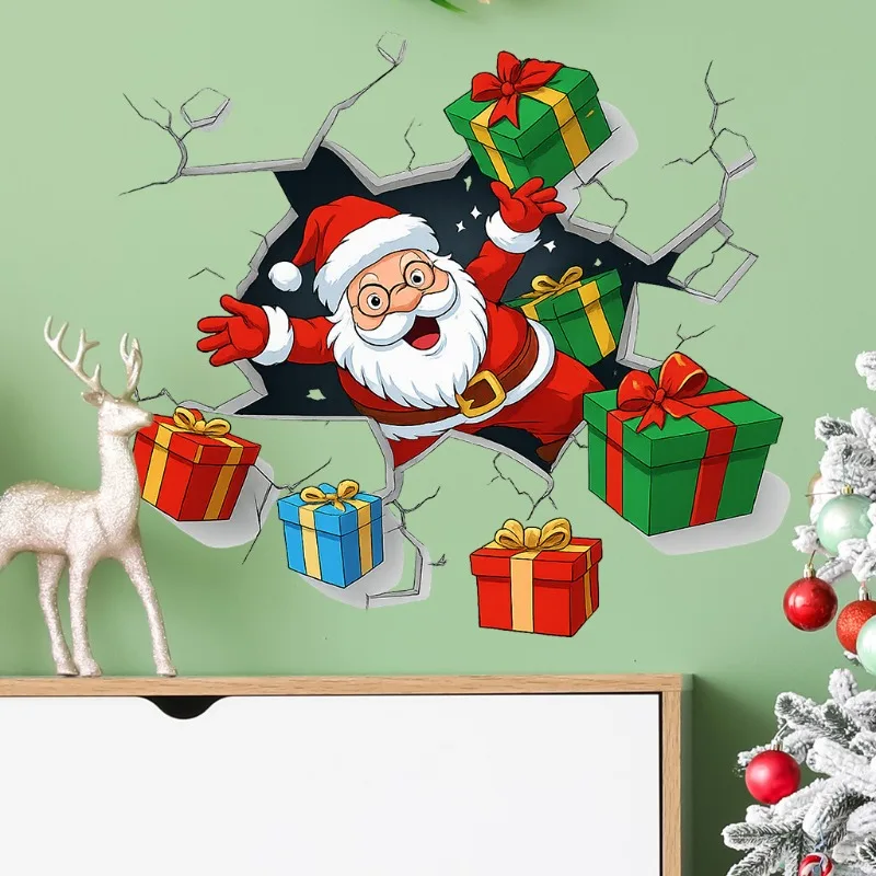 Santa Claus Living Room Wall Decoration Wallpaper 3D Christmas Wall Stickers Room Decor Broken Wall Style Sticker Decor Gift