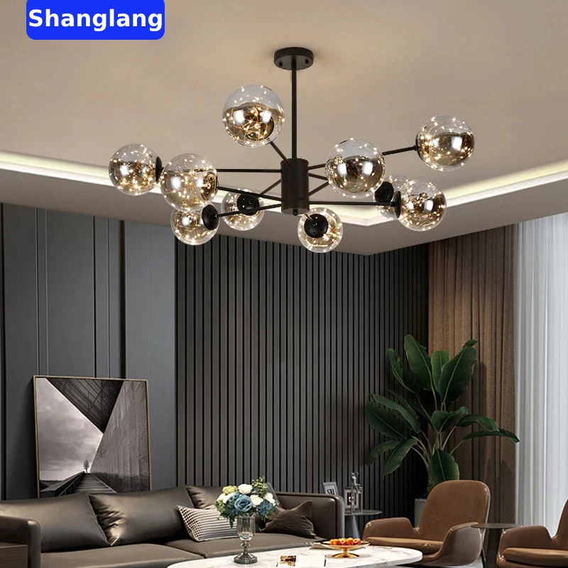 Modern Nordic LED Chandeliers For Living Room Bedroom Decoration Black Luxury Glass Ball Ceiling Pendant Lamp Dimmable Fixture