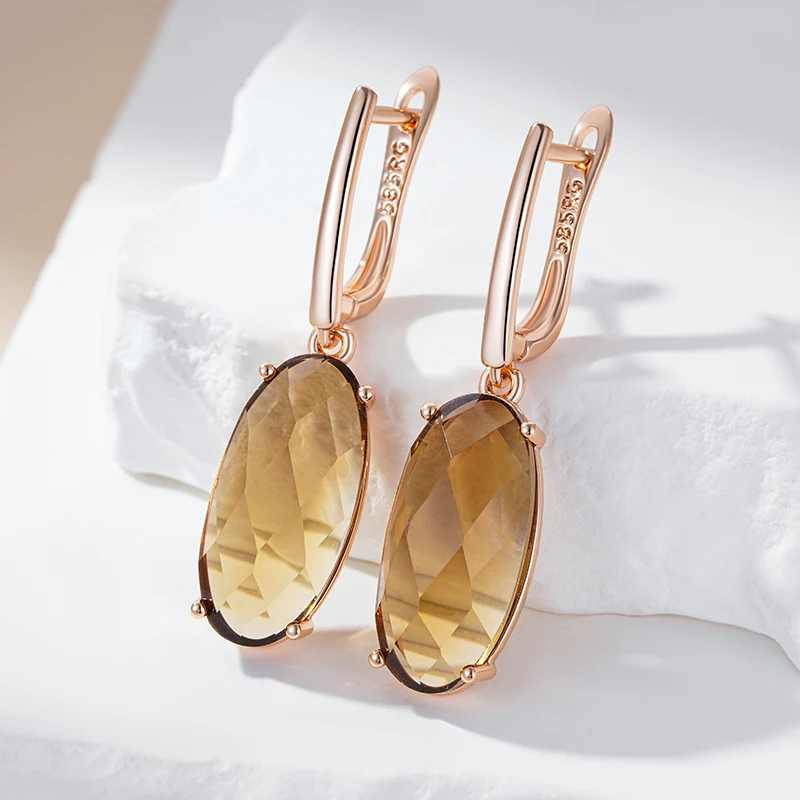 Kinel Fashion Big Oval Light Brown Natural Zircon English Earrings Women Simple 585 Rose Gold Color High Quality Daily Jewelry