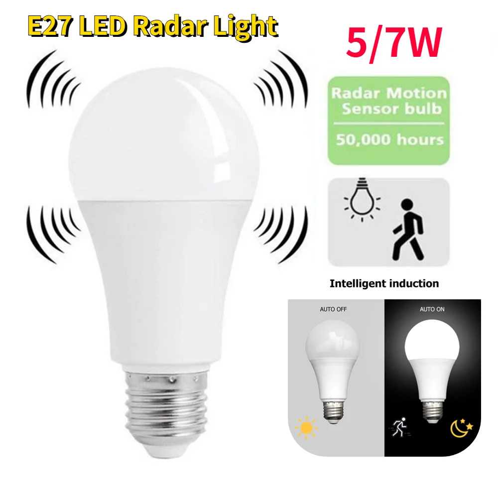 5/7W E27 LED Radar Bulb 85-265V PIR Motion Sensor Courtyard Street White Light Plastic-Coated Smart Lamp Bulb