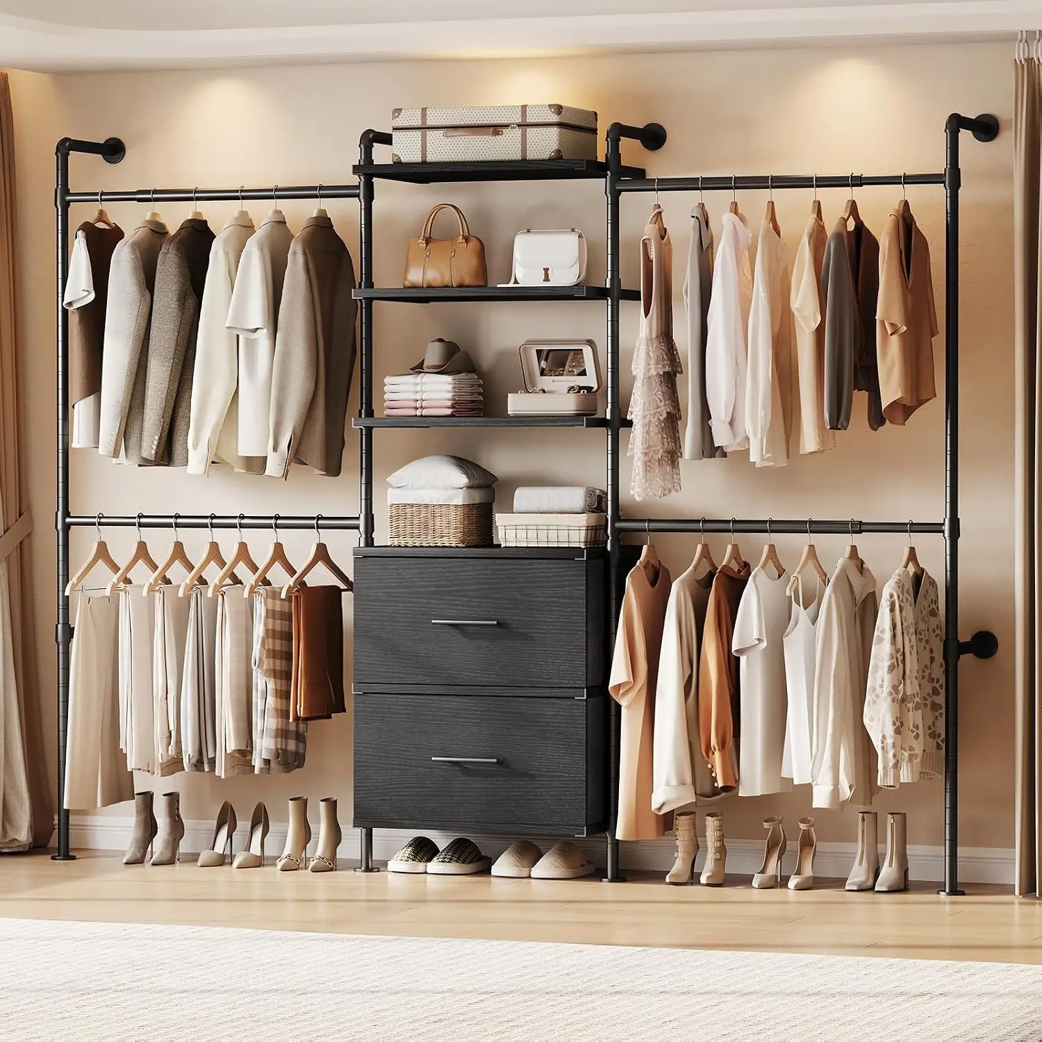 T3 Wall Mounted Industrial Pipe Closet Organizers Storage System | Metal Clothing Rack with 2 Drawers, 6 Wooden Shelves & 4 Expa
