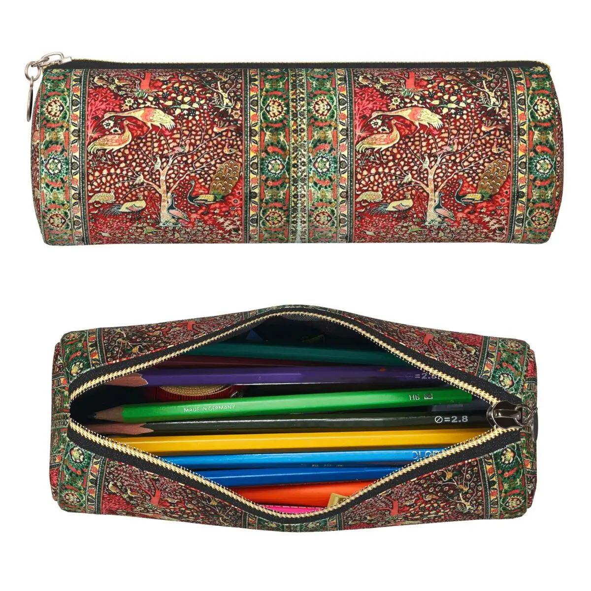 Antiker persischer Teppich mit Vögeln, Bäumen und Blumen, Federmäppchen, Stifthalter, zylindrische Stiftbox, Bleistifttasche für Jungen und Mädchen, Schule