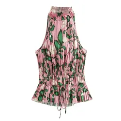 Tangada 2024 Women Flower Pleated Blouses Sleeveless Female With Slash Shirts Tops QD0106