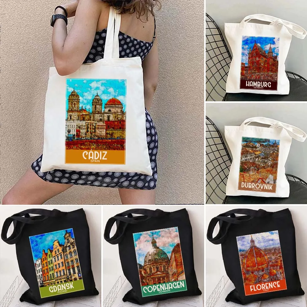 Spain Cagliari Italy Chicago Copenhagen Dubrovnik Dusseldorf Florence Gdansk Gharb Hamburg Painting Cute Canvas Tote Bag Handbag